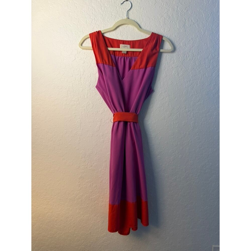 Ann Taylor LOFT Purple Red Colorblock Belted Sleeveless Midi Dress Size 8